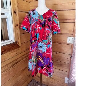 Vintage 100% Cotton Muumuu Dress Women Small Red Tropical Floral Hawaiian Sears